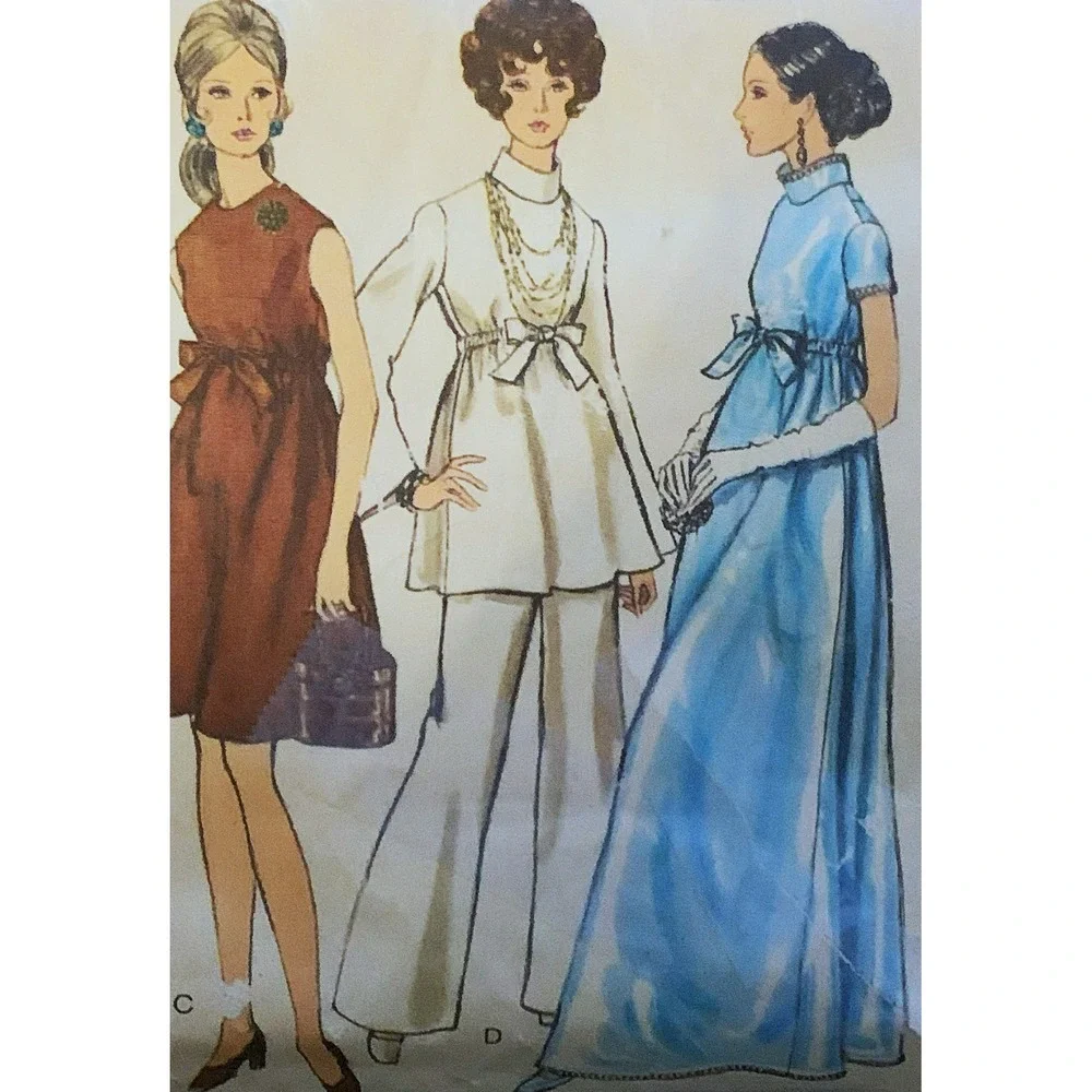 Vogue Pattern 60s Retro Empire Adj Dress Gown Wide Flared Pant EZ Maternity 34